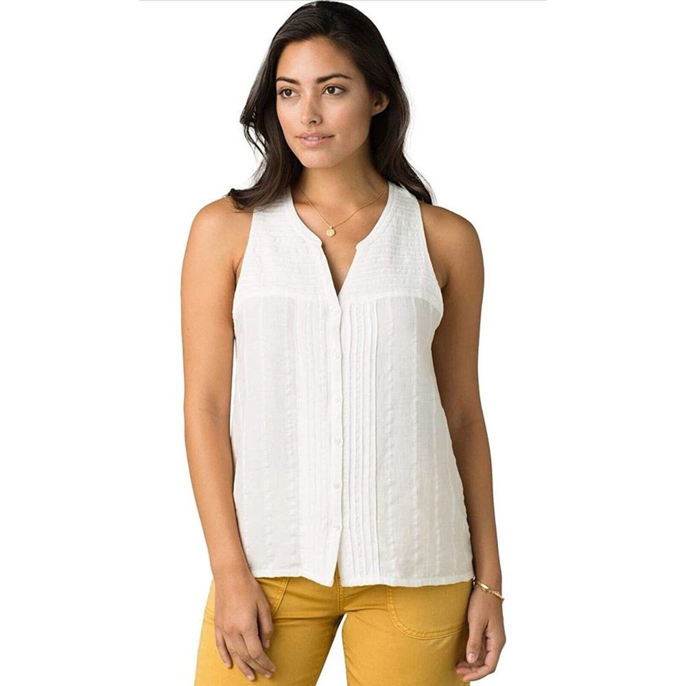 PrAna Nieves Tank Soft White Split V-Neck Button Front Relaxed Fit Cotton Tencel